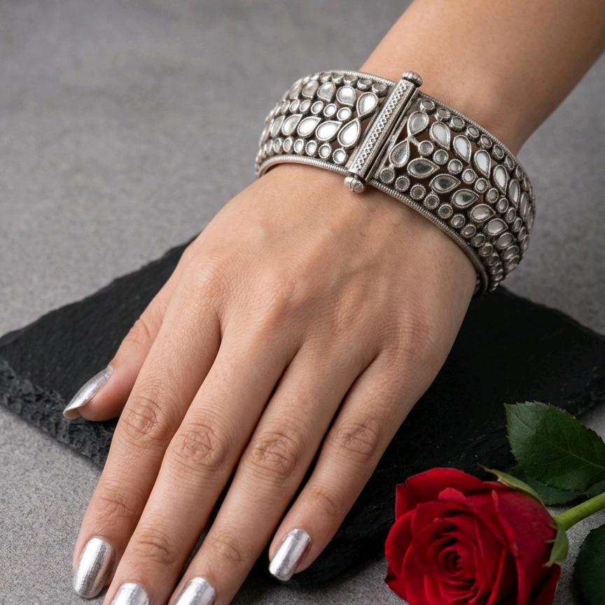 Silver Polki Cuff Kada 